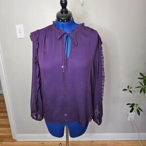 Banana Republic Purple Chiffon Ruffle Tie-Neck Blouse XL Sheer Long Sleeve